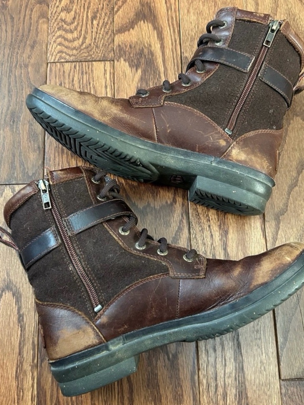 UGG Women's Brown Leather & Dark Brown Suede Combat Boots